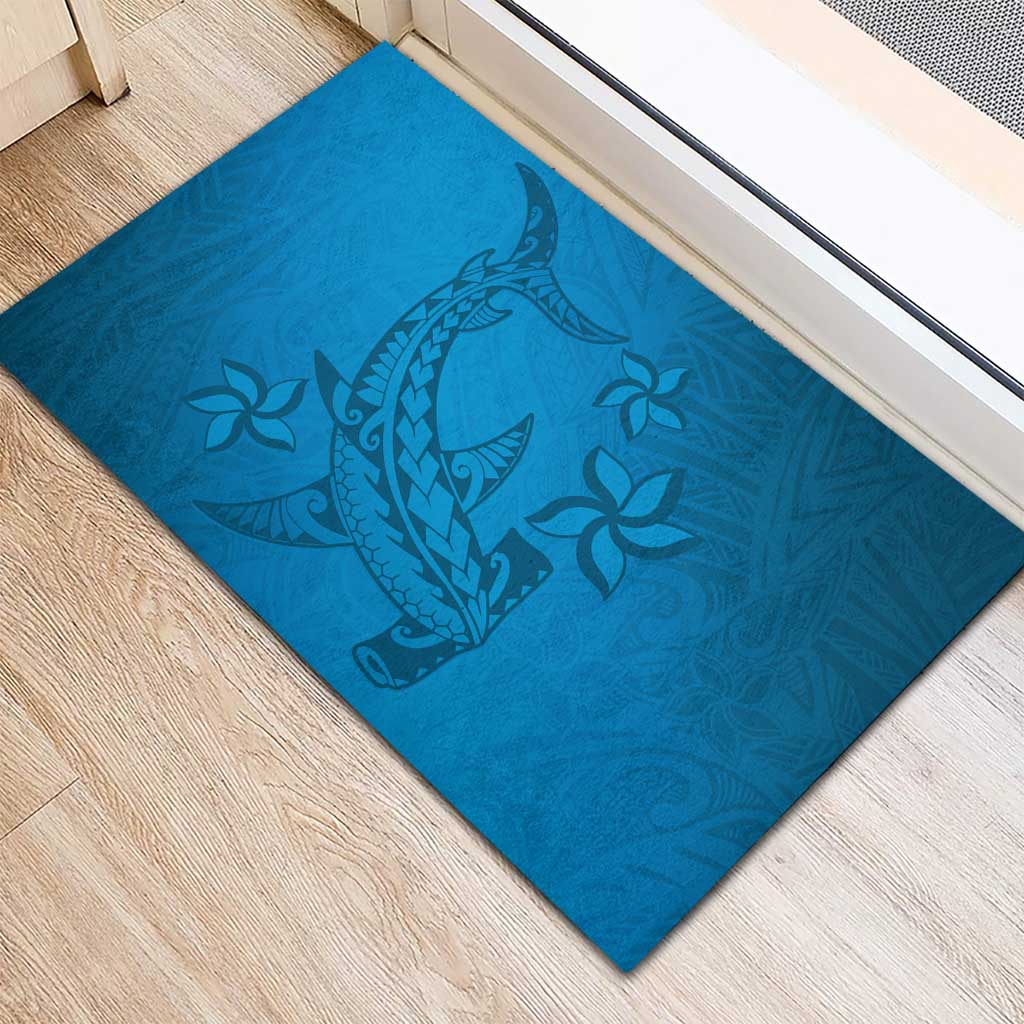Blue Gradient Polynesia Rubber Doormat Hawaiian Tribal Hammerhead Shark Tattoo