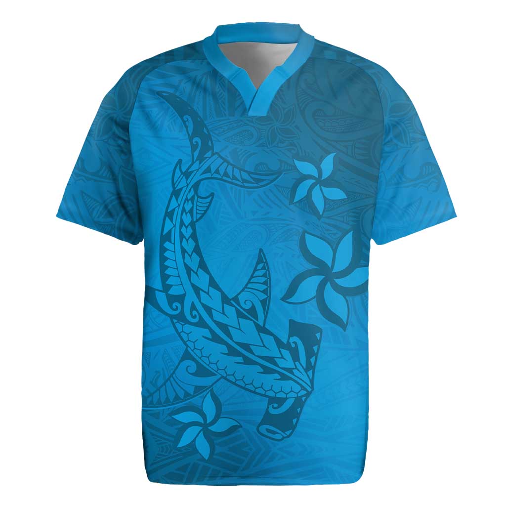 Blue Gradient Polynesia Rugby Jersey Hawaiian Tribal Hammerhead Shark Tattoo