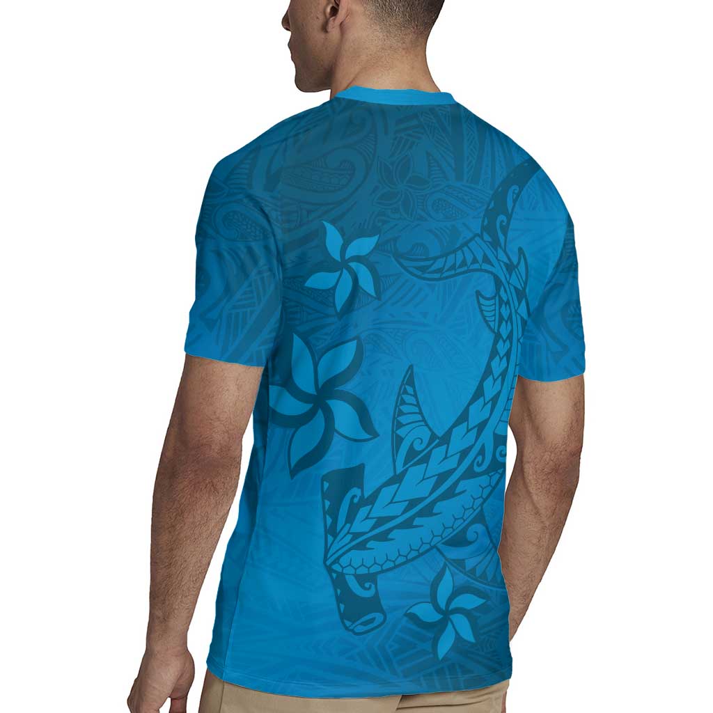 Blue Gradient Polynesia Rugby Jersey Hawaiian Tribal Hammerhead Shark Tattoo