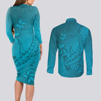 Dark Cyan Gradient Polynesia Couples Matching Long Sleeve Bodycon Dress and Long Sleeve Button Shirt Hawaiian Tribal Hammerhead Shark Tattoo LT14 - Polynesian Pride