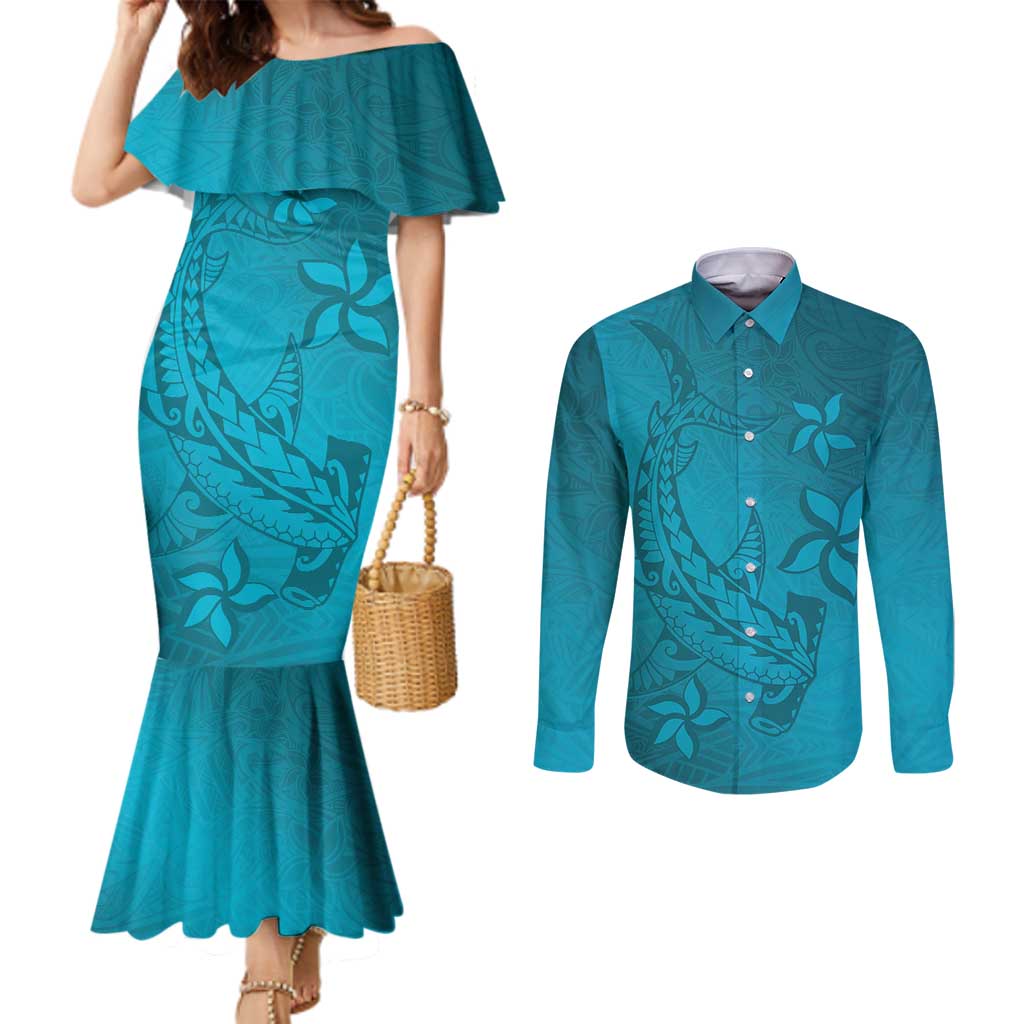 Dark Cyan Gradient Polynesia Couples Matching Mermaid Dress and Long Sleeve Button Shirt Hawaiian Tribal Hammerhead Shark Tattoo LT14 Dark Cyan - Polynesian Pride