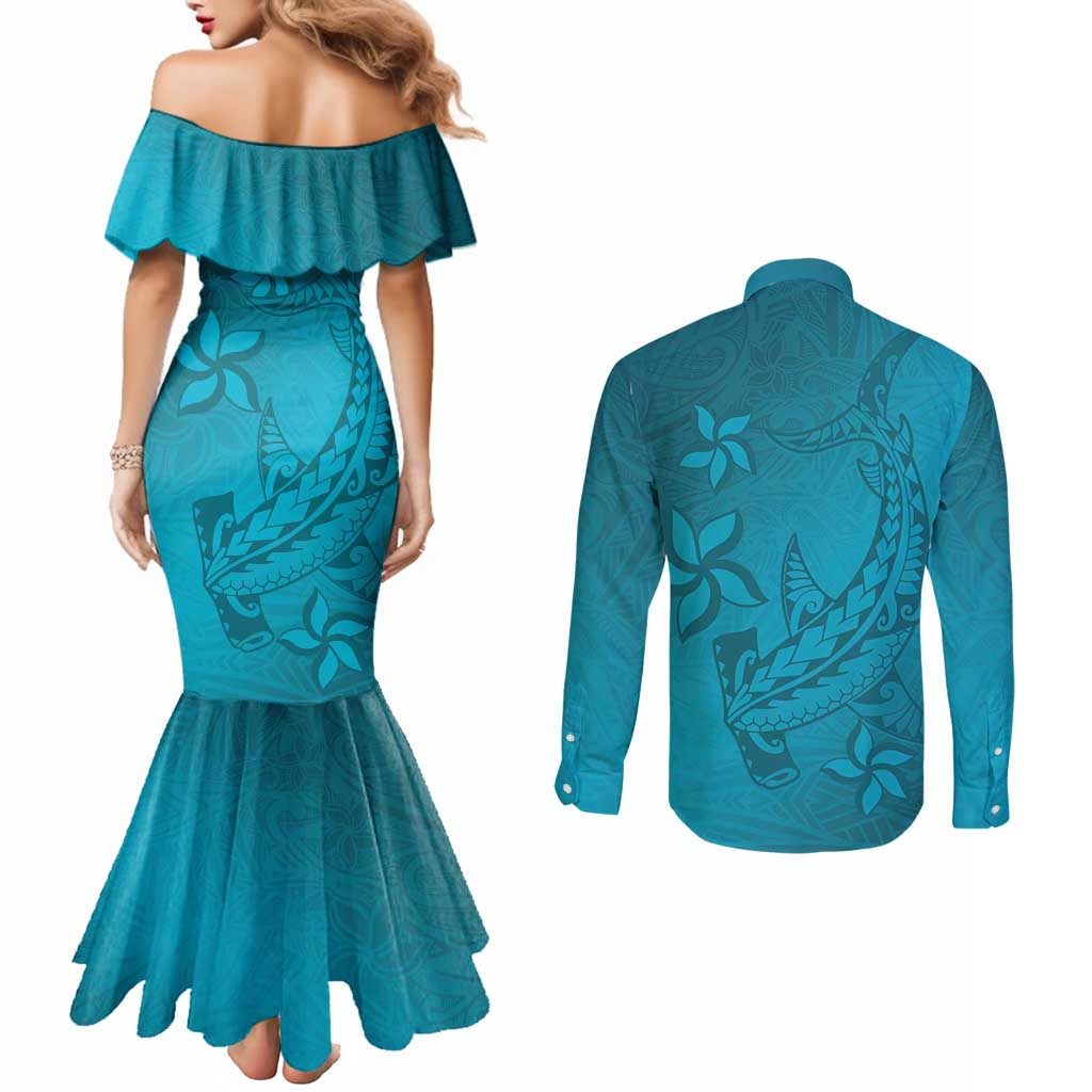 Dark Cyan Gradient Polynesia Couples Matching Mermaid Dress and Long Sleeve Button Shirt Hawaiian Tribal Hammerhead Shark Tattoo LT14 - Polynesian Pride