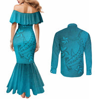 Dark Cyan Gradient Polynesia Couples Matching Mermaid Dress and Long Sleeve Button Shirt Hawaiian Tribal Hammerhead Shark Tattoo LT14 - Polynesian Pride