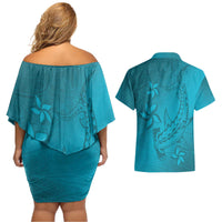 Dark Cyan Gradient Polynesia Couples Matching Off Shoulder Short Dress and Hawaiian Shirt Hawaiian Tribal Hammerhead Shark Tattoo LT14 - Polynesian Pride