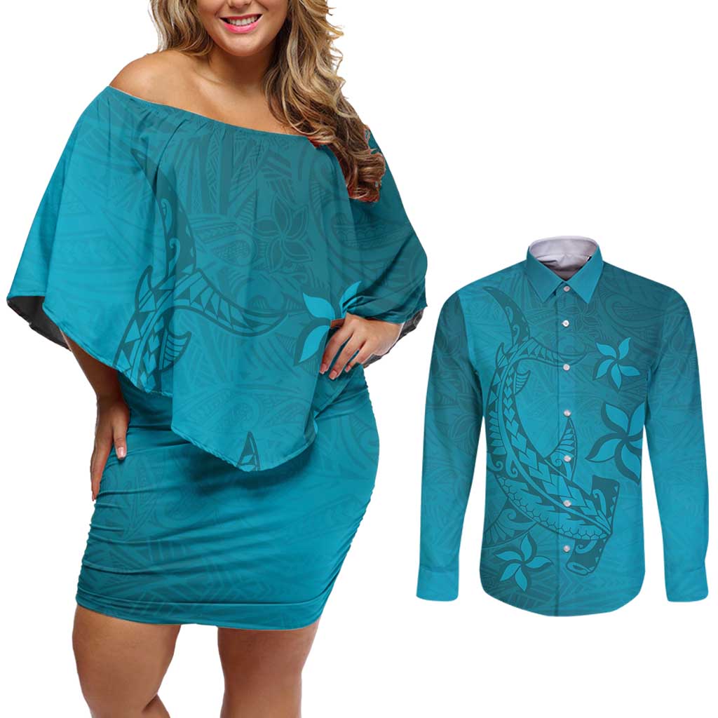 Dark Cyan Gradient Polynesia Couples Matching Off Shoulder Short Dress and Long Sleeve Button Shirt Hawaiian Tribal Hammerhead Shark Tattoo