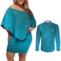 Dark Cyan Gradient Polynesia Couples Matching Off Shoulder Short Dress and Long Sleeve Button Shirt Hawaiian Tribal Hammerhead Shark Tattoo