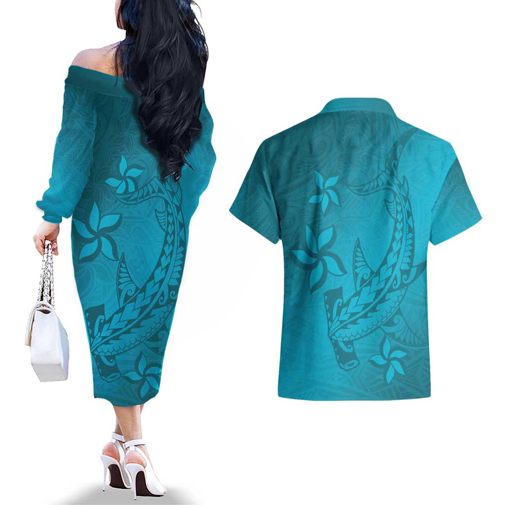 Dark Cyan Gradient Polynesia Couples Matching Off The Shoulder Long Sleeve Dress and Hawaiian Shirt Hawaiian Tribal Hammerhead Shark Tattoo