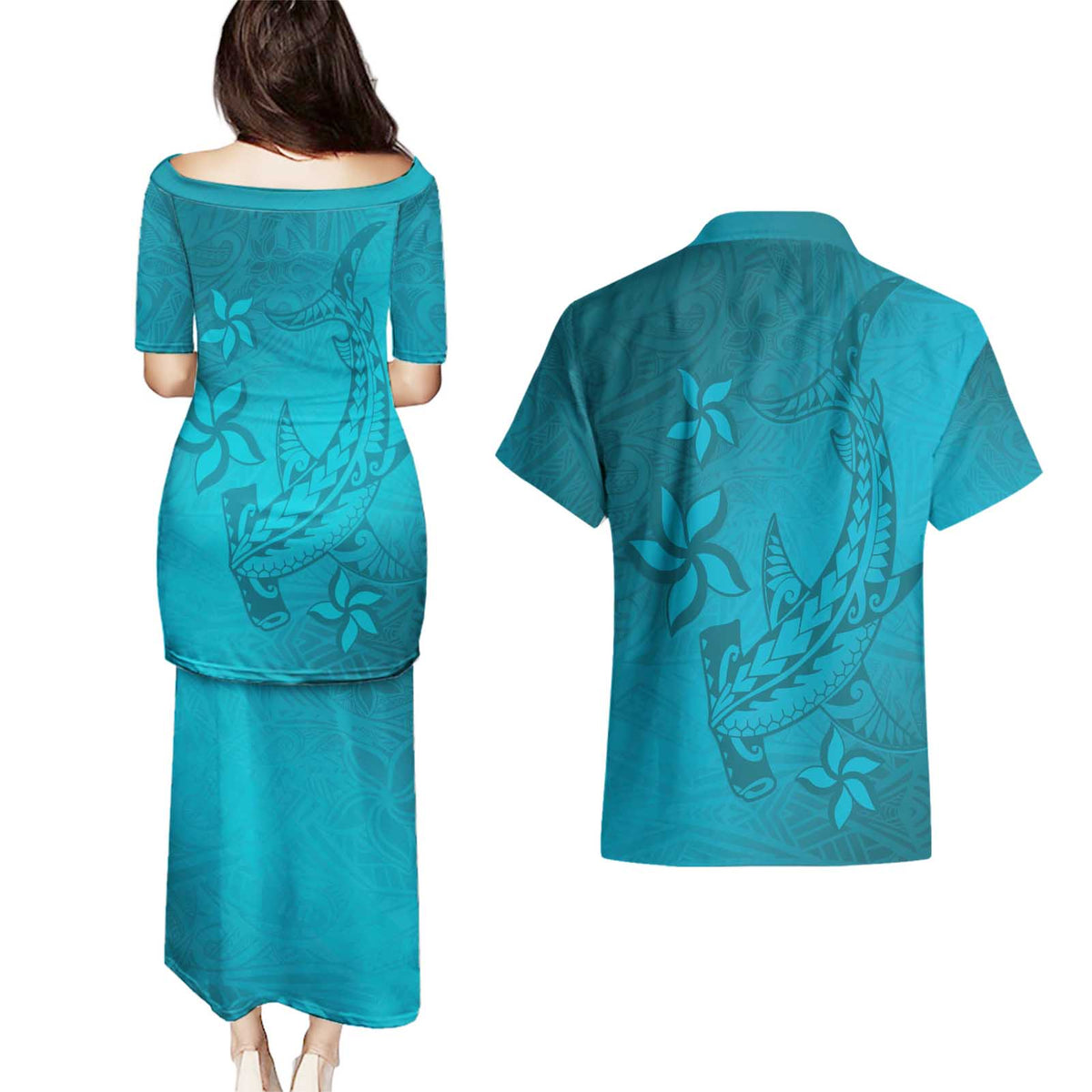 Dark Cyan Gradient Polynesia Couples Matching Puletasi and Hawaiian Shirt Hawaiian Tribal Hammerhead Shark Tattoo