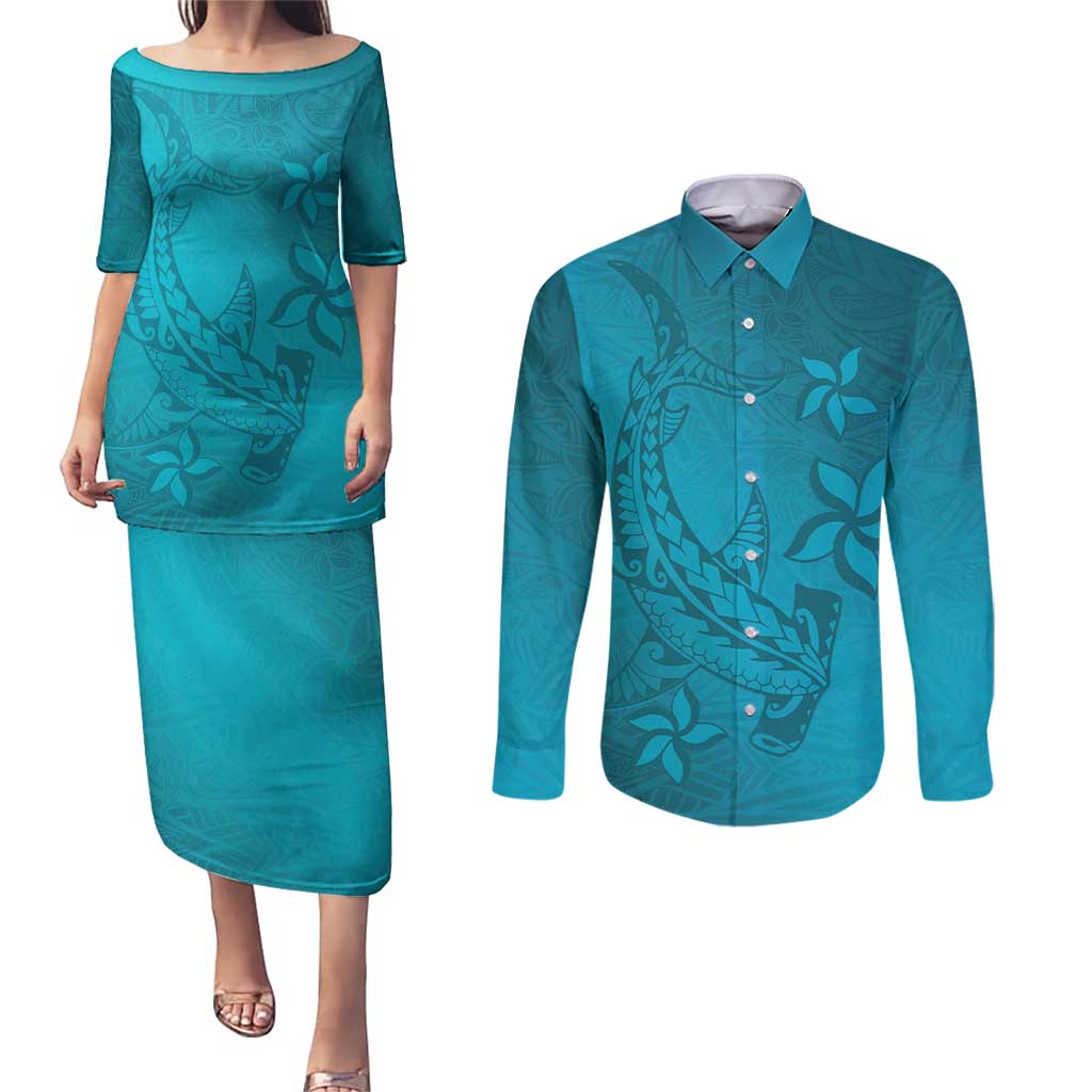 Dark Cyan Gradient Polynesia Couples Matching Puletasi and Long Sleeve Button Shirt Hawaiian Tribal Hammerhead Shark Tattoo