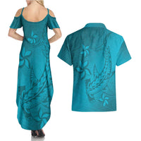 Dark Cyan Gradient Polynesia Couples Matching Summer Maxi Dress and Hawaiian Shirt Hawaiian Tribal Hammerhead Shark Tattoo
