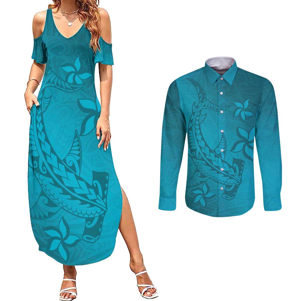 Dark Cyan Gradient Polynesia Couples Matching Summer Maxi Dress and Long Sleeve Button Shirt Hawaiian Tribal Hammerhead Shark Tattoo