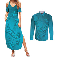 Dark Cyan Gradient Polynesia Couples Matching Summer Maxi Dress and Long Sleeve Button Shirt Hawaiian Tribal Hammerhead Shark Tattoo