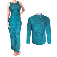 Dark Cyan Gradient Polynesia Couples Matching Tank Maxi Dress and Long Sleeve Button Shirt Hawaiian Tribal Hammerhead Shark Tattoo LT14 Dark Cyan - Polynesian Pride
