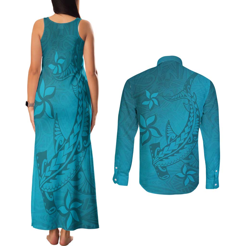 Dark Cyan Gradient Polynesia Couples Matching Tank Maxi Dress and Long Sleeve Button Shirt Hawaiian Tribal Hammerhead Shark Tattoo LT14 - Polynesian Pride