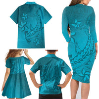 Dark Cyan Gradient Polynesia Family Matching Long Sleeve Bodycon Dress and Hawaiian Shirt Hawaiian Tribal Hammerhead Shark Tattoo