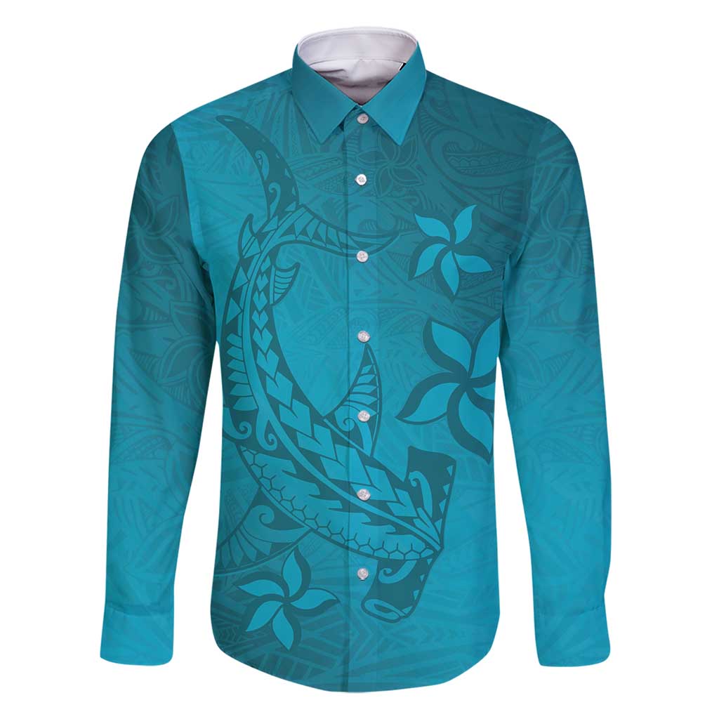 Dark Cyan Gradient Polynesia Family Matching Long Sleeve Bodycon Dress and Hawaiian Shirt Hawaiian Tribal Hammerhead Shark Tattoo