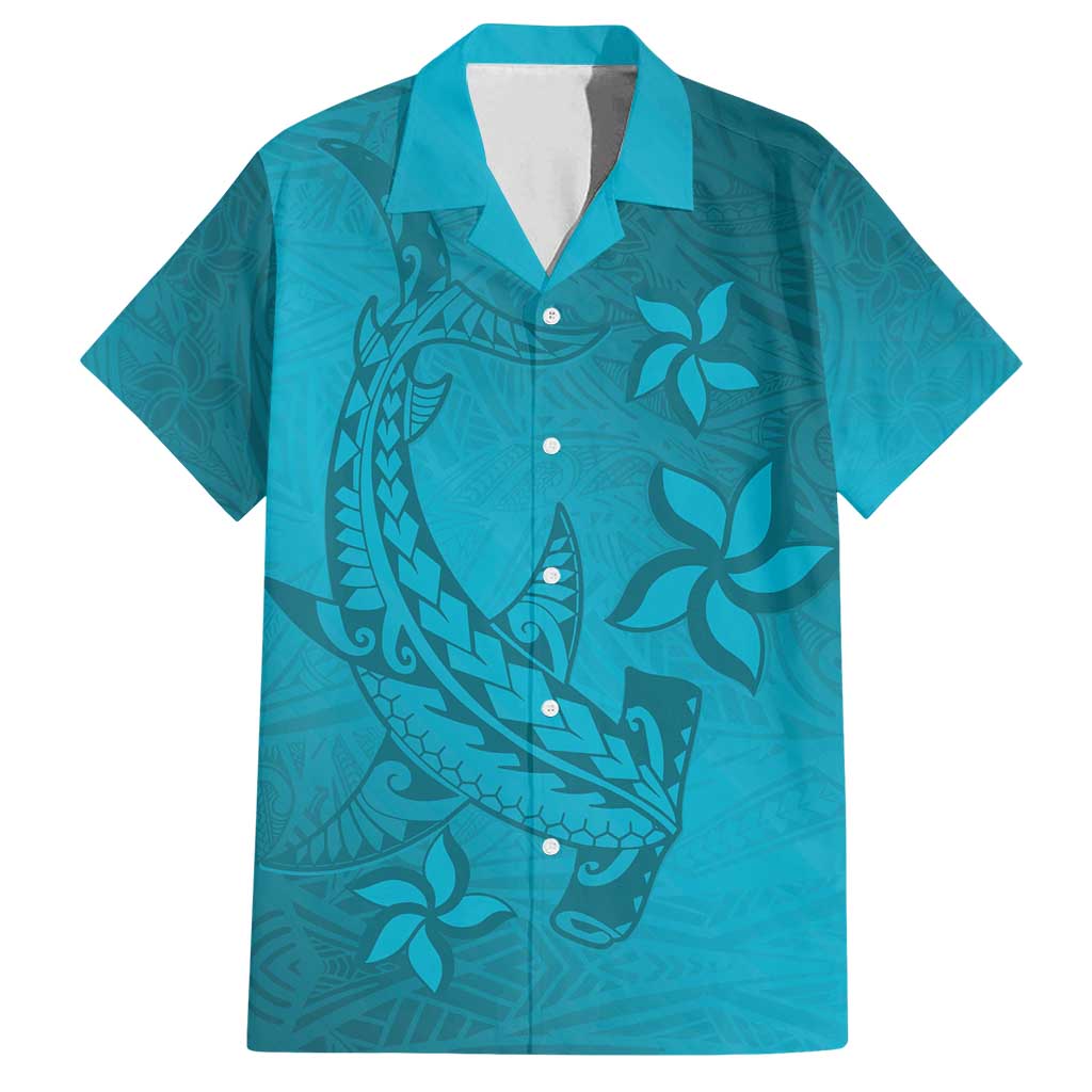 Dark Cyan Gradient Polynesia Family Matching Off Shoulder Maxi Dress and Hawaiian Shirt Hawaiian Tribal Hammerhead Shark Tattoo LT14 Dad's Shirt - Short Sleeve Dark Cyan - Polynesian Pride