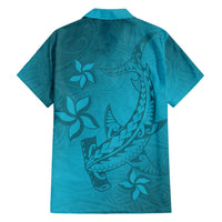 Dark Cyan Gradient Polynesia Family Matching Off Shoulder Maxi Dress and Hawaiian Shirt Hawaiian Tribal Hammerhead Shark Tattoo LT14 - Polynesian Pride