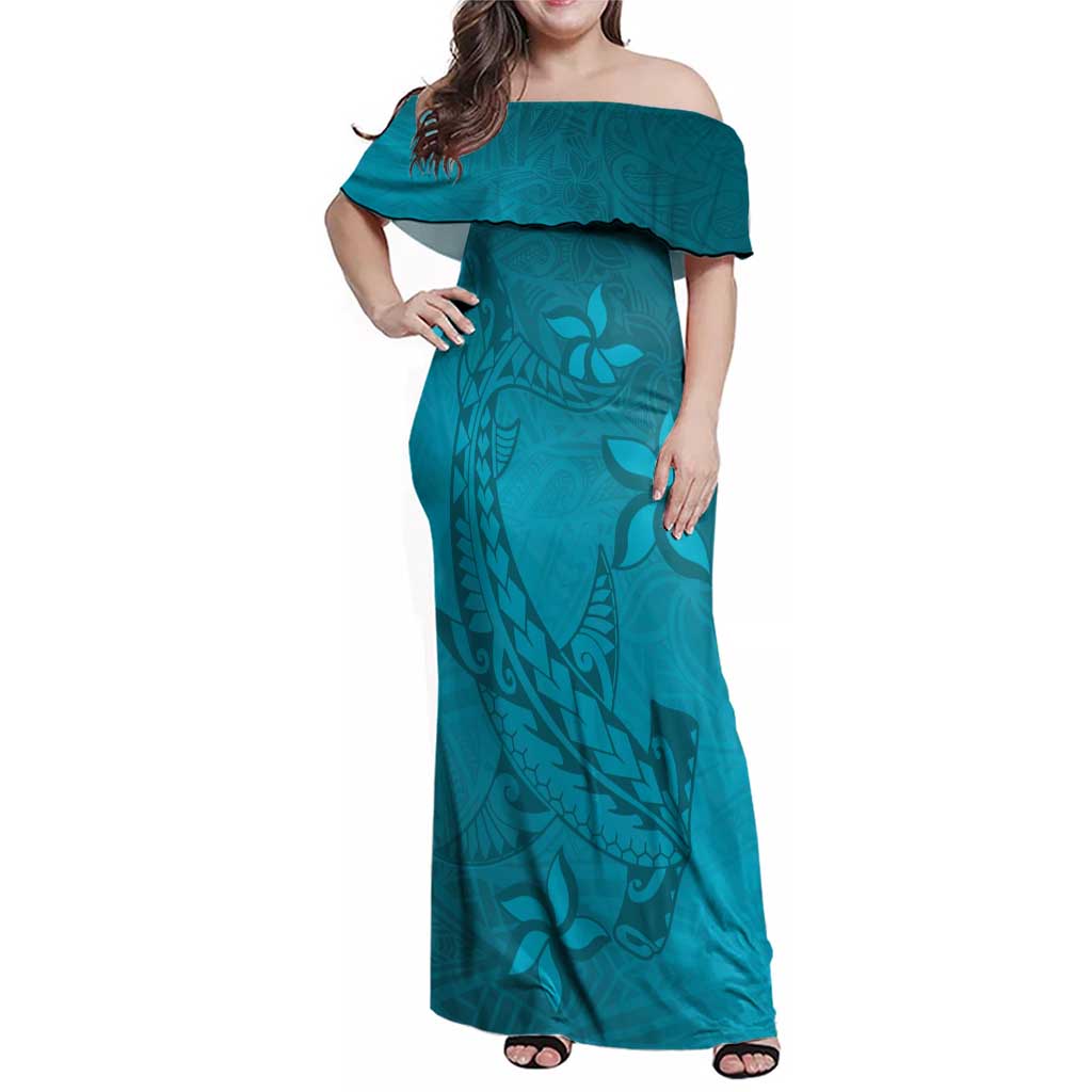 Dark Cyan Gradient Polynesia Family Matching Off Shoulder Maxi Dress and Hawaiian Shirt Hawaiian Tribal Hammerhead Shark Tattoo LT14 Mom's Dress Dark Cyan - Polynesian Pride