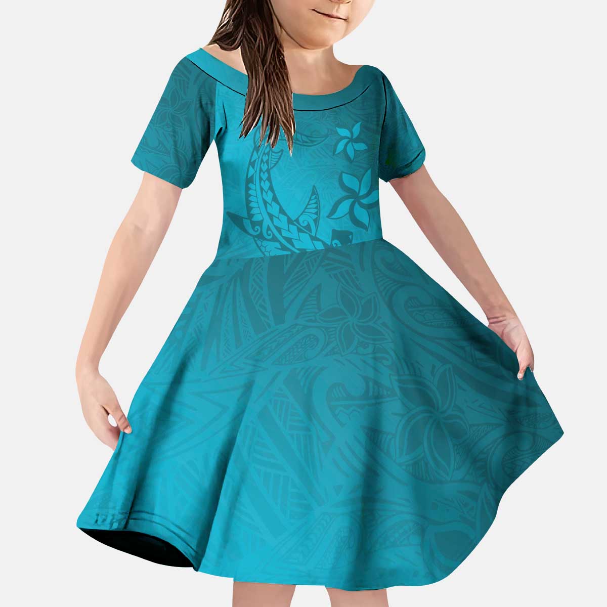 Dark Cyan Gradient Polynesia Family Matching Puletasi and Hawaiian Shirt Hawaiian Tribal Hammerhead Shark Tattoo LT14 Daughter's Dress Dark Cyan - Polynesian Pride
