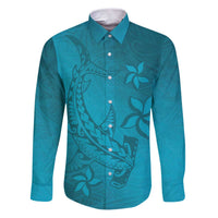 Dark Cyan Gradient Polynesia Family Matching Puletasi and Hawaiian Shirt Hawaiian Tribal Hammerhead Shark Tattoo LT14 Dad's Shirt - Long Sleeve Dark Cyan - Polynesian Pride