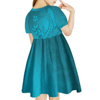 Dark Cyan Gradient Polynesia Kid Short Sleeve Dress Hawaiian Tribal Hammerhead Shark Tattoo