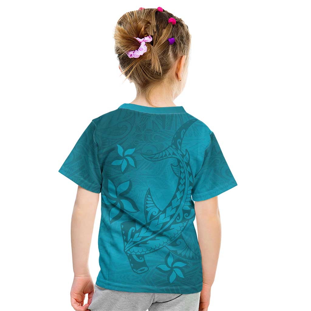 Dark Cyan Gradient Polynesia Kid T Shirt Hawaiian Tribal Hammerhead Shark Tattoo LT14 - Polynesian Pride
