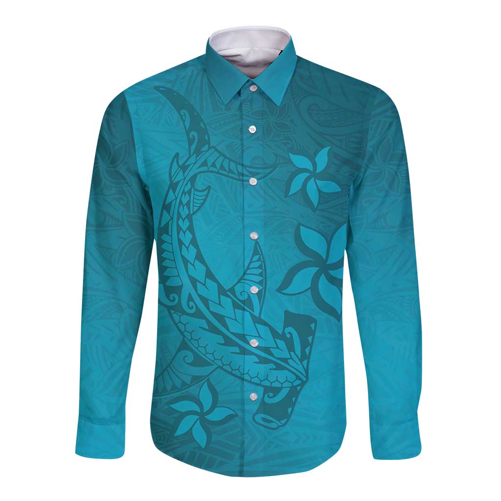 Dark Cyan Gradient Polynesia Long Sleeve Button Shirt Hawaiian Tribal Hammerhead Shark Tattoo LT14 Unisex Dark Cyan - Polynesian Pride