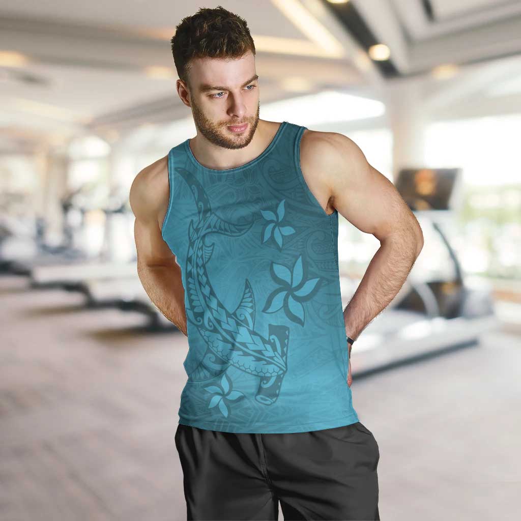 Dark Cyan Gradient Polynesia Men Tank Top Hawaiian Tribal Hammerhead Shark Tattoo