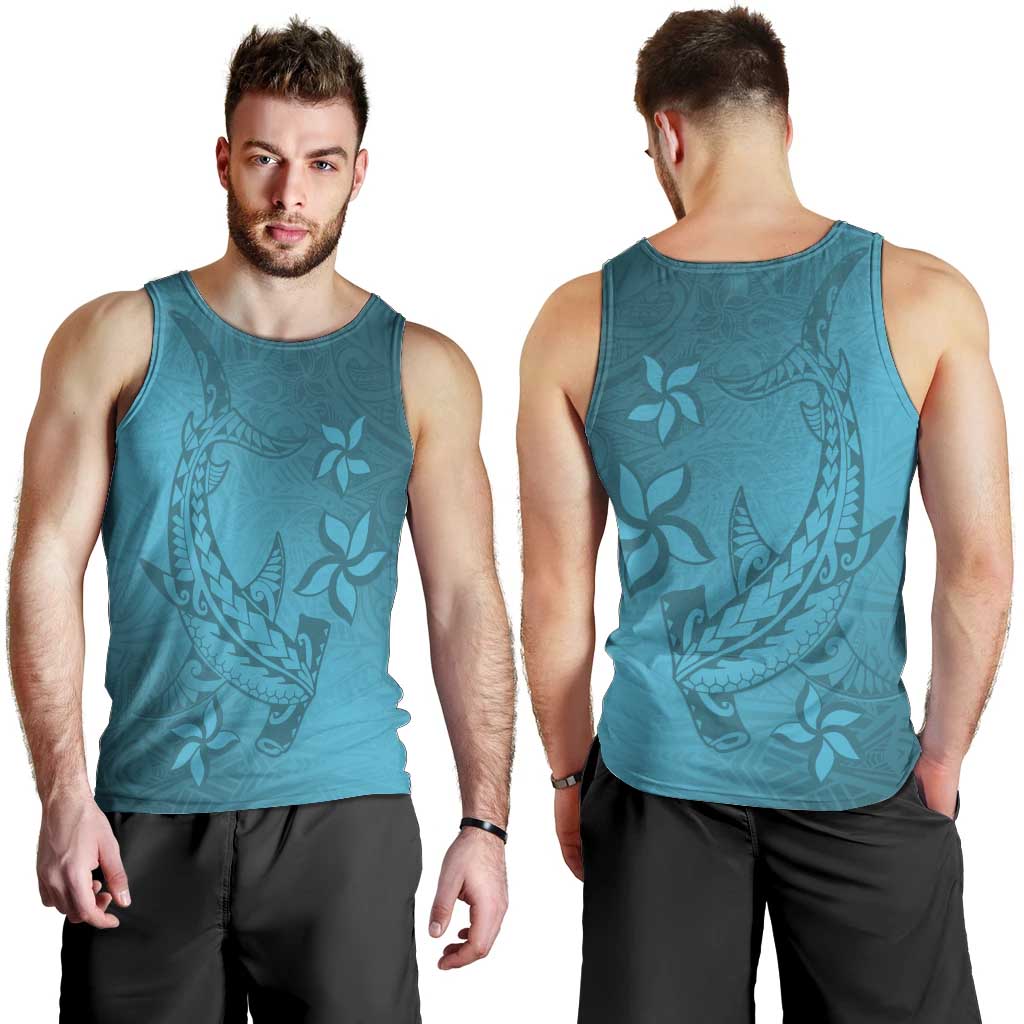 Dark Cyan Gradient Polynesia Men Tank Top Hawaiian Tribal Hammerhead Shark Tattoo