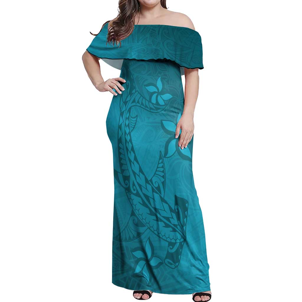 Dark Cyan Gradient Polynesia Off Shoulder Maxi Dress Hawaiian Tribal Hammerhead Shark Tattoo