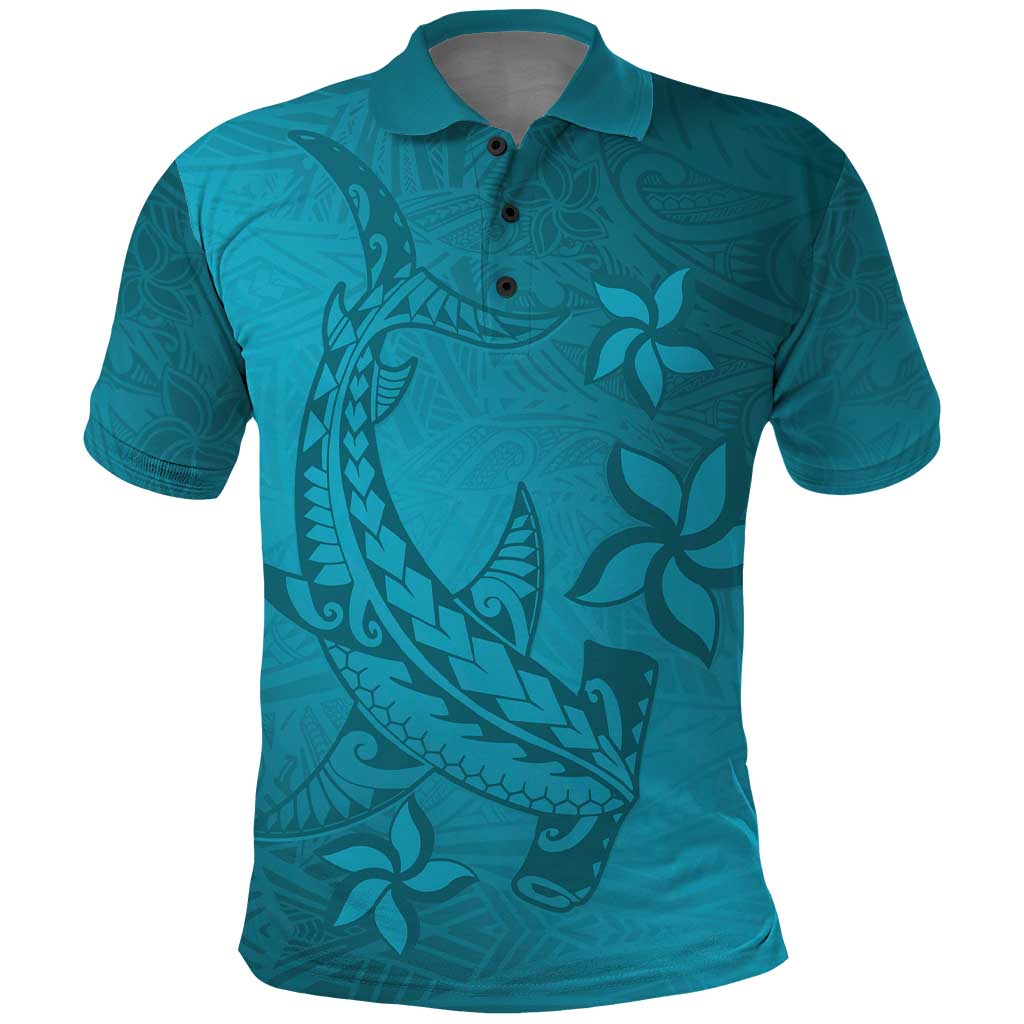 Dark Cyan Gradient Polynesia Polo Shirt Hawaiian Tribal Hammerhead Shark Tattoo