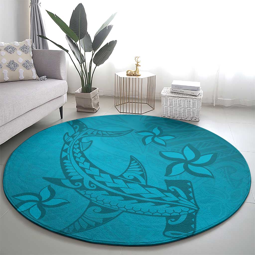 Dark Cyan Gradient Polynesia Round Carpet Hawaiian Tribal Hammerhead Shark Tattoo