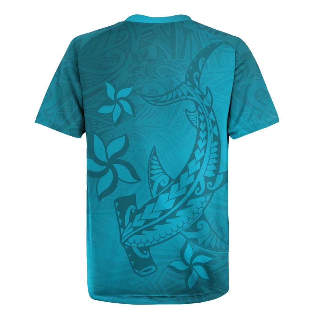 Dark Cyan Gradient Polynesia Rugby Jersey Hawaiian Tribal Hammerhead Shark Tattoo