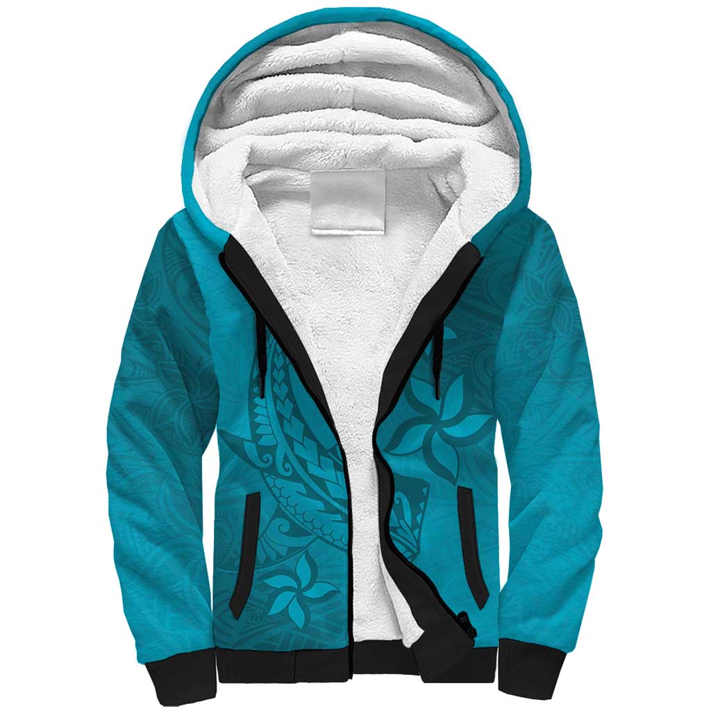 Dark Cyan Gradient Polynesia Sherpa Hoodie Hawaiian Tribal Hammerhead Shark Tattoo