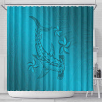 Dark Cyan Gradient Polynesia Shower Curtain Hawaiian Tribal Hammerhead Shark Tattoo LT14 - Polynesian Pride