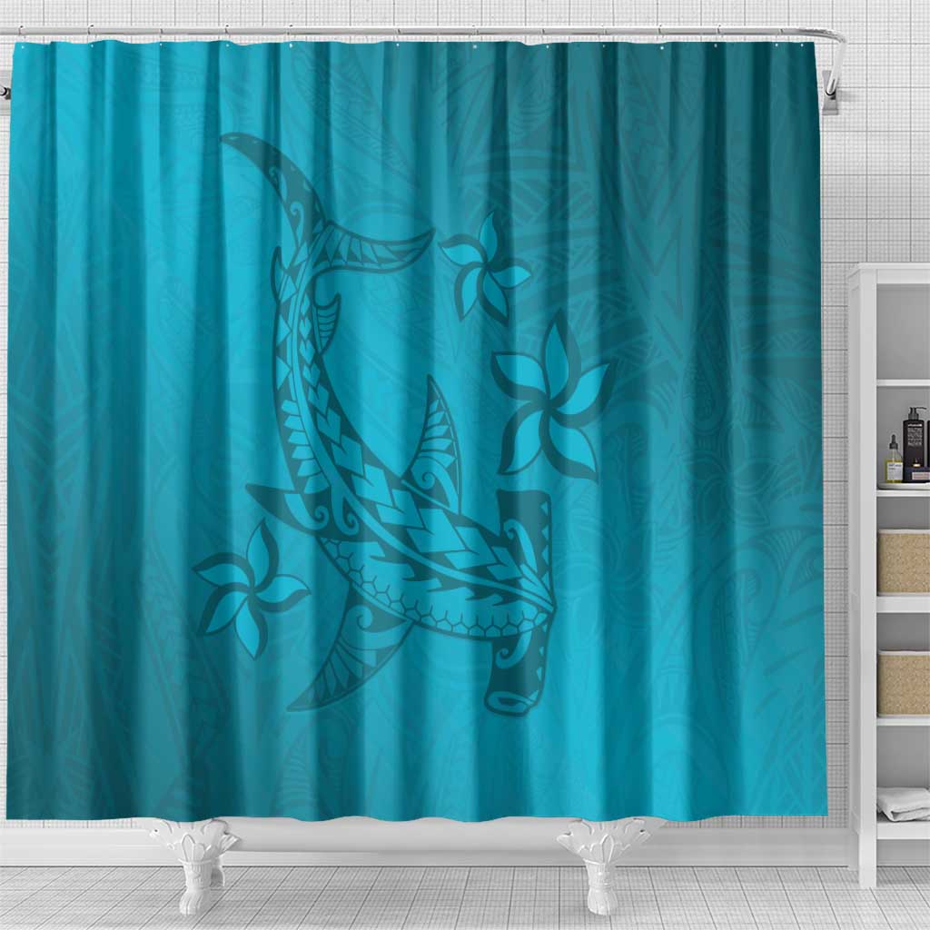 Dark Cyan Gradient Polynesia Shower Curtain Hawaiian Tribal Hammerhead Shark Tattoo LT14 - Polynesian Pride