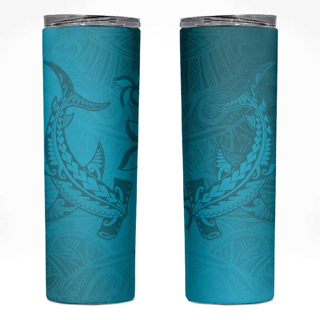 Dark Cyan Gradient Polynesia Skinny Tumbler Hawaiian Tribal Hammerhead Shark Tattoo