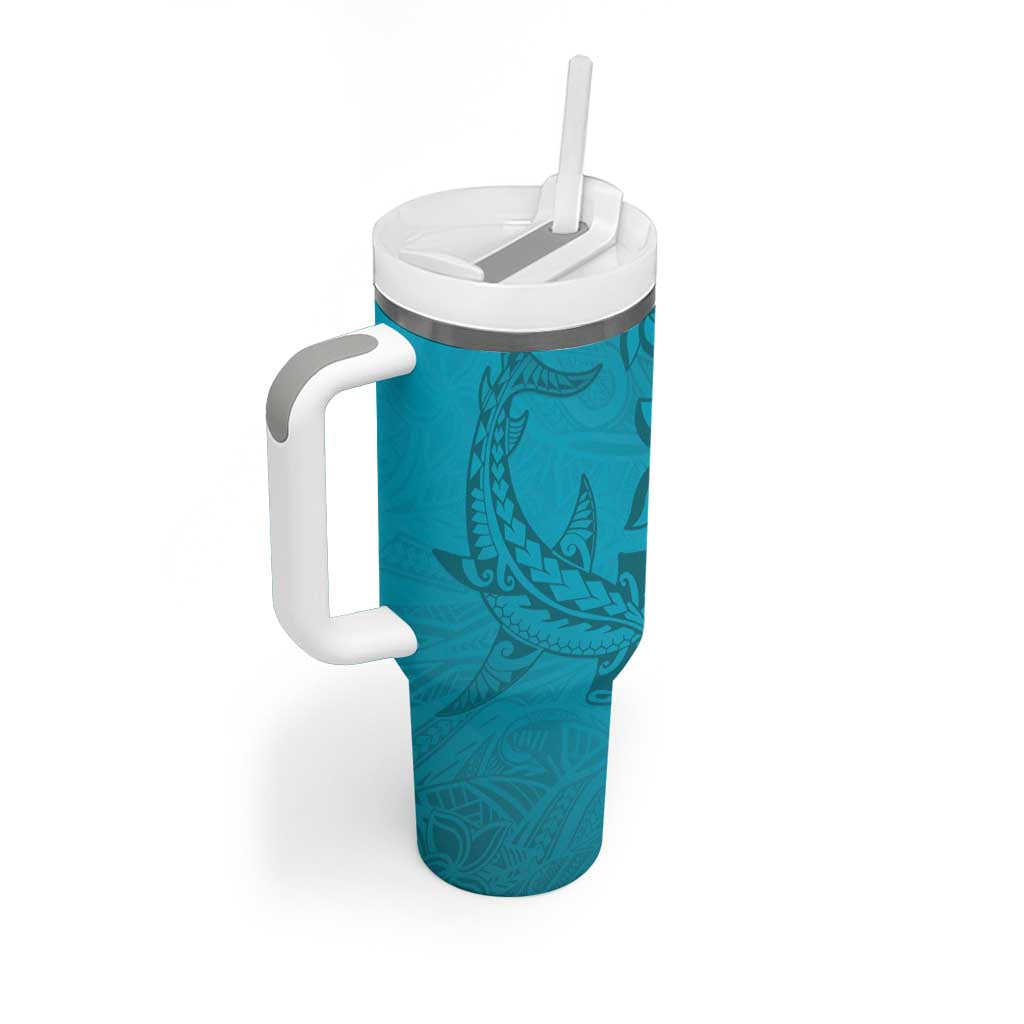 Dark Cyan Gradient Polynesia Tumbler With Handle Hawaiian Tribal Hammerhead Shark Tattoo
