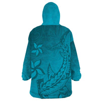 Dark Cyan Gradient Polynesia Wearable Blanket Hoodie Hawaiian Tribal Hammerhead Shark Tattoo