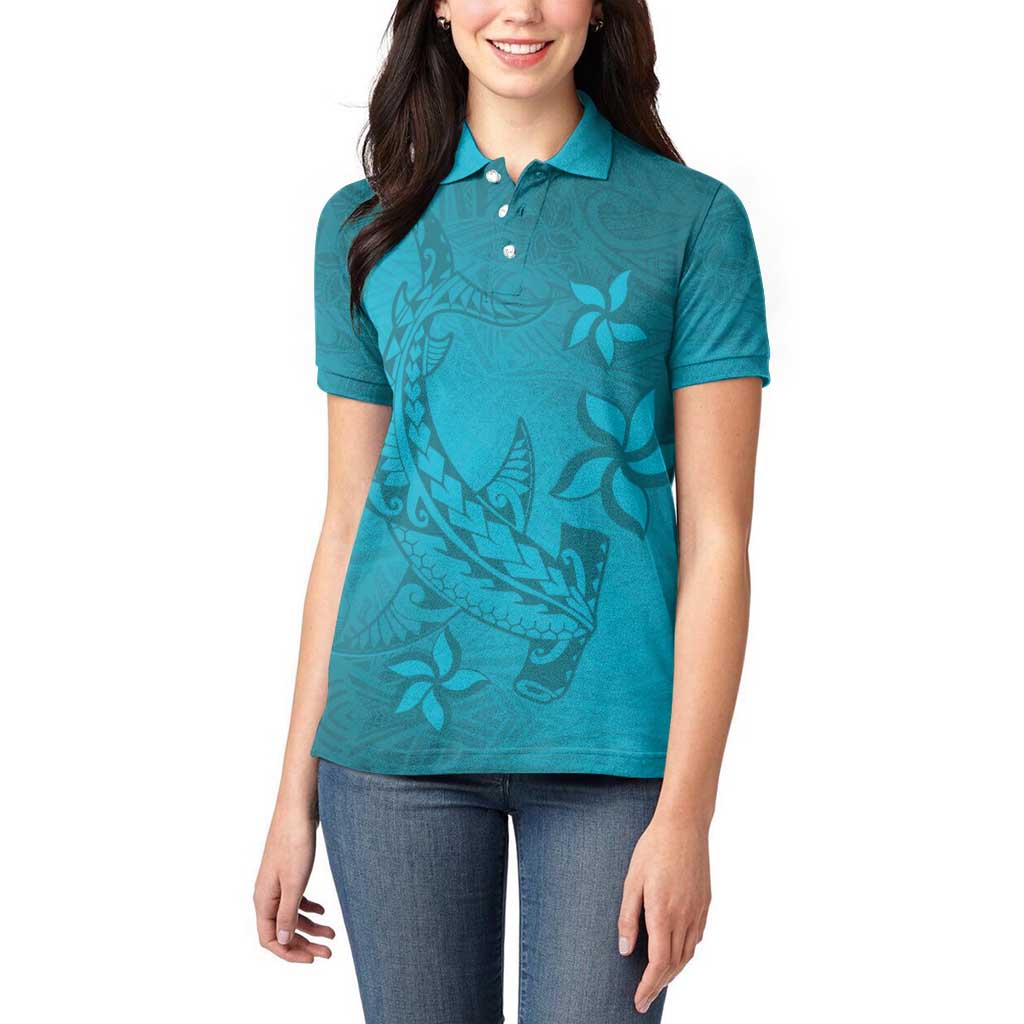 Dark Cyan Gradient Polynesia Women Polo Shirt Hawaiian Tribal Hammerhead Shark Tattoo