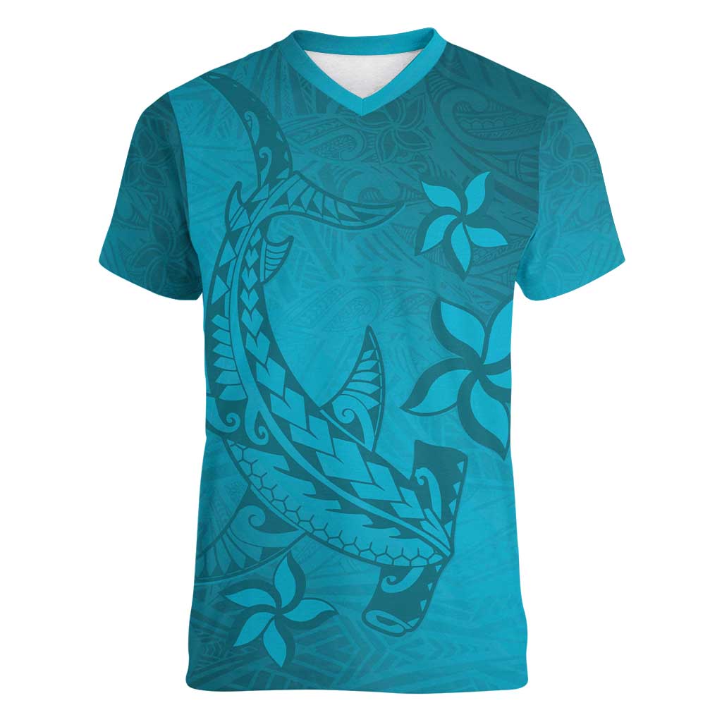 Dark Cyan Gradient Polynesia Women V-Neck T-Shirt Hawaiian Tribal Hammerhead Shark Tattoo LT14 Female Dark Cyan - Polynesian Pride
