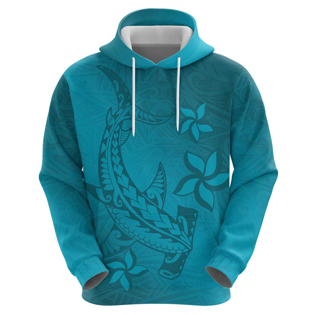 Dark Cyan Gradient Polynesia Zip Hoodie Hawaiian Tribal Hammerhead Shark Tattoo