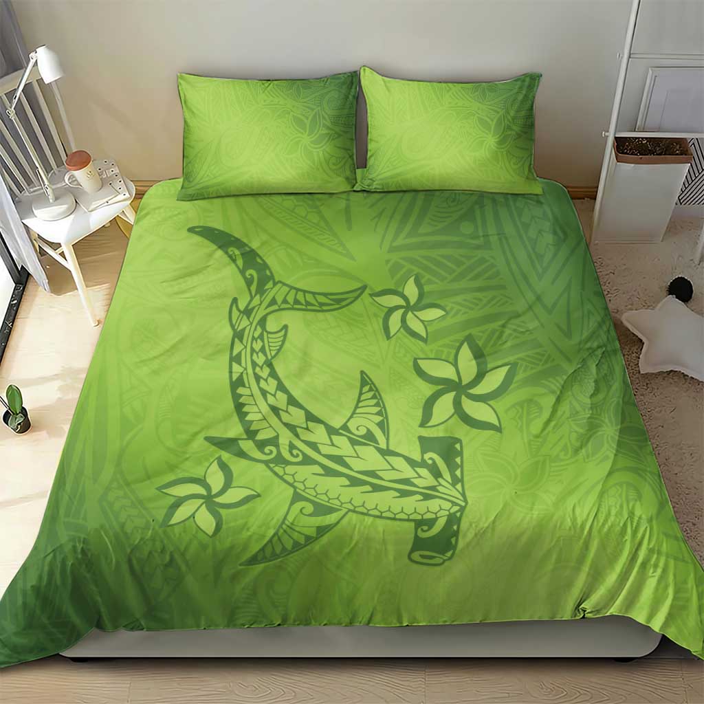 Green Gradient Polynesia Bedding Set Hawaiian Tribal Hammerhead Shark Tattoo