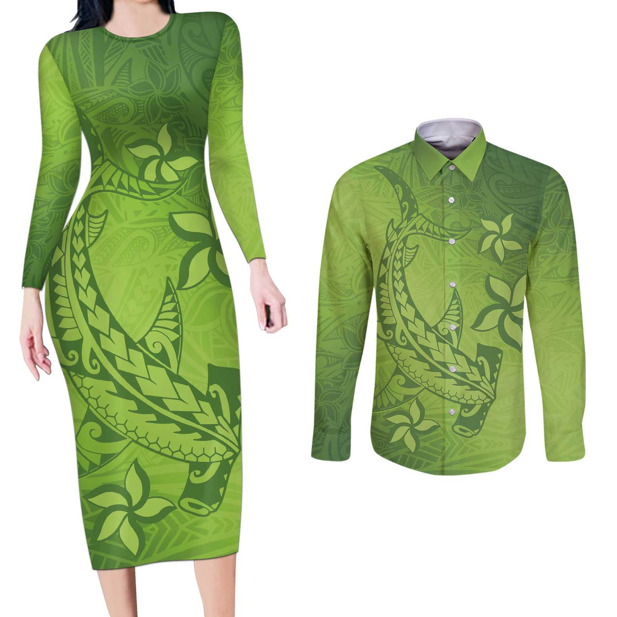 Green Gradient Polynesia Couples Matching Long Sleeve Bodycon Dress and Long Sleeve Button Shirt Hawaiian Tribal Hammerhead Shark Tattoo LT14 Green - Polynesian Pride