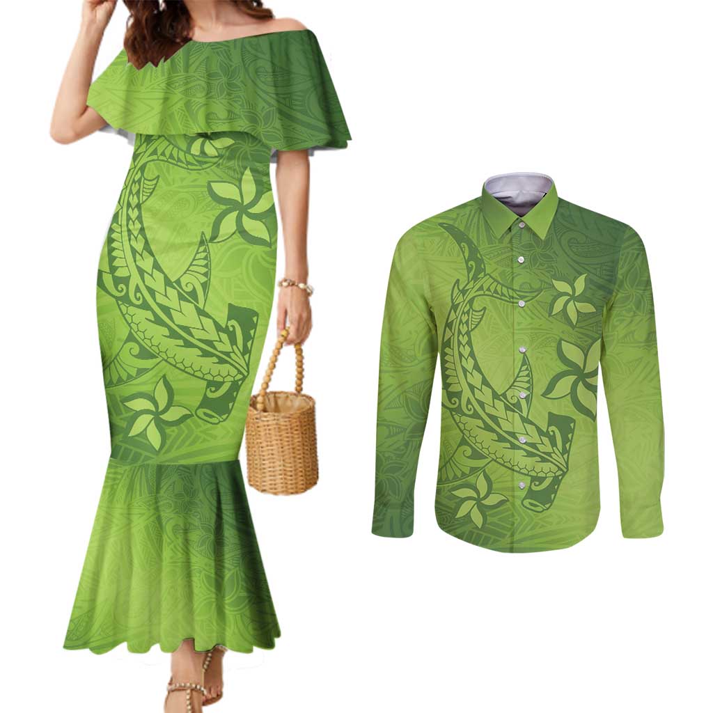 Green Gradient Polynesia Couples Matching Mermaid Dress and Long Sleeve Button Shirt Hawaiian Tribal Hammerhead Shark Tattoo LT14 Green - Polynesian Pride