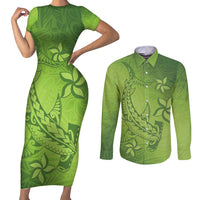 Green Gradient Polynesia Couples Matching Short Sleeve Bodycon Dress and Long Sleeve Button Shirt Hawaiian Tribal Hammerhead Shark Tattoo LT14 Green - Polynesian Pride