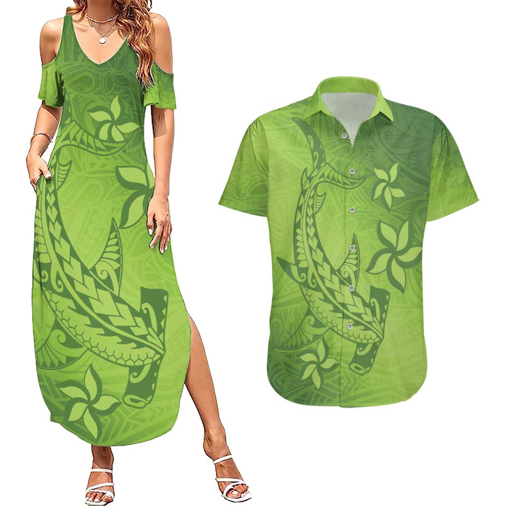 Green Gradient Polynesia Couples Matching Summer Maxi Dress and Hawaiian Shirt Hawaiian Tribal Hammerhead Shark Tattoo LT14 Green - Polynesian Pride