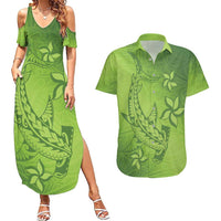 Green Gradient Polynesia Couples Matching Summer Maxi Dress and Hawaiian Shirt Hawaiian Tribal Hammerhead Shark Tattoo LT14 Green - Polynesian Pride