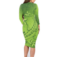 Green Gradient Polynesia Family Matching Long Sleeve Bodycon Dress and Hawaiian Shirt Hawaiian Tribal Hammerhead Shark Tattoo